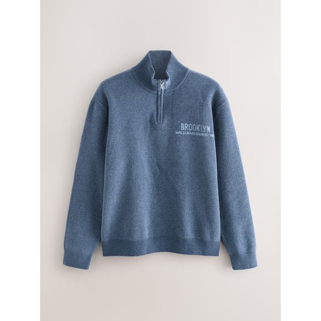 Pull regular avec motif brooklyn en chenille bleu <span itemprop=