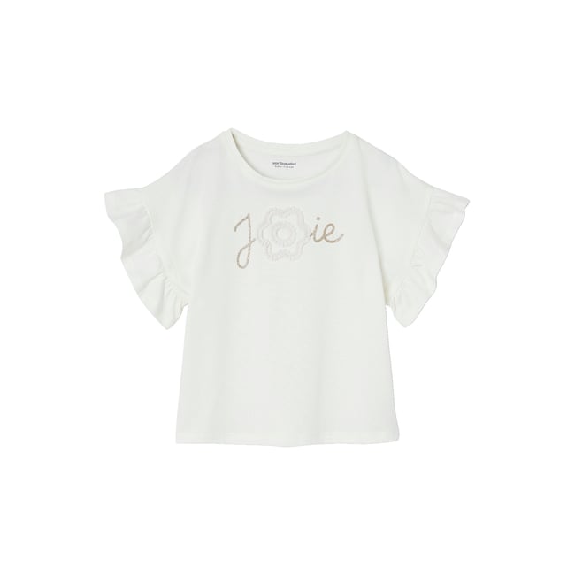 T-shirt cérémonie motif fleur en relief lettres pailletées blanc <span itemprop=