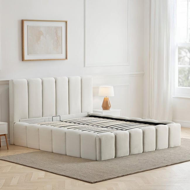 Lit Coffre Tissu Beige MADELEINE Couleur beige <span itemprop=