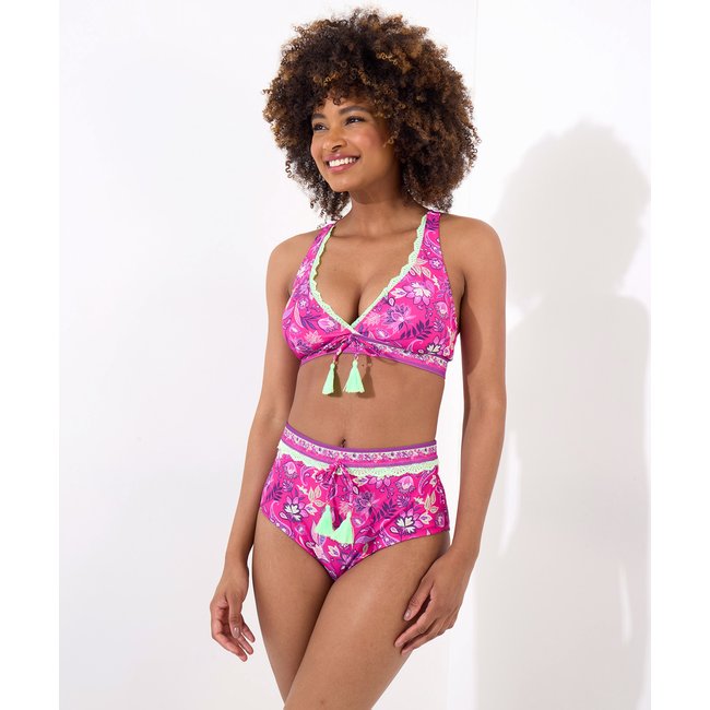 Slip De Bain Froncé À Bordures En Dentelle Néon Tropical BORA BORA rose multicolore <span itemprop=