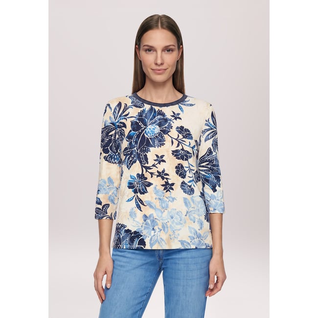 Haut imprimé à manches 3/4 beige/bleu <span itemprop=