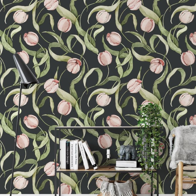 Papier peint floral et végétal avec tulipes - 510x260 cm (l x h) Couleur noir <span itemprop=