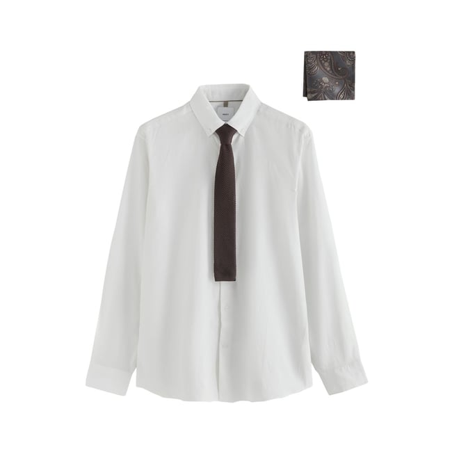 Chemise habillée slim coton/lin et cravate blanc <span itemprop=