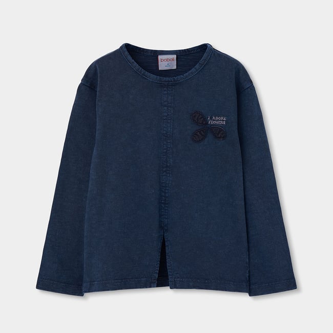T-shirt fille en maille broderie fleurs bleu <span itemprop=