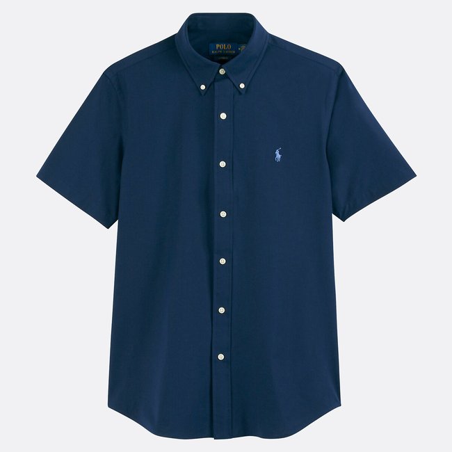 Fitted short sleeve shirt in poplin, navy blue, POLO RALPH LAUREN