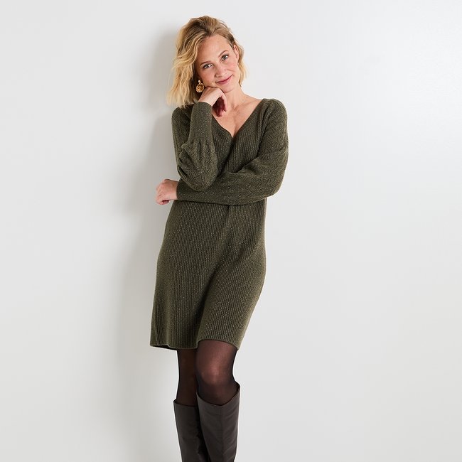 Robe pull col V vert kaki <span itemprop=