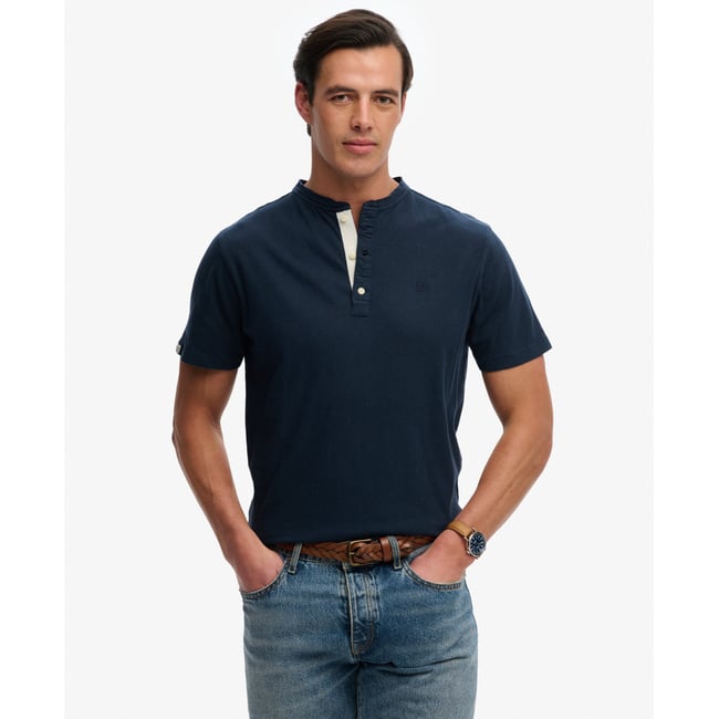 T-shirt Henley à manches courtes en coton et lin - SUPERDRY