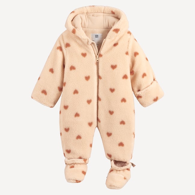 Combipilote à capuche en sherpa, motif coeurs beige <span itemprop=