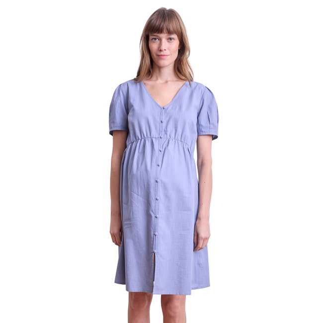 Robe courte boutonnée coton flammé uni grossesse et allaitement bleu <span itemprop=