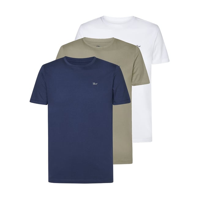 Pack of 3 Plain T-Shirts in Cotton with Crew Neck, white/green/navy, PETROL INDUSTRIES