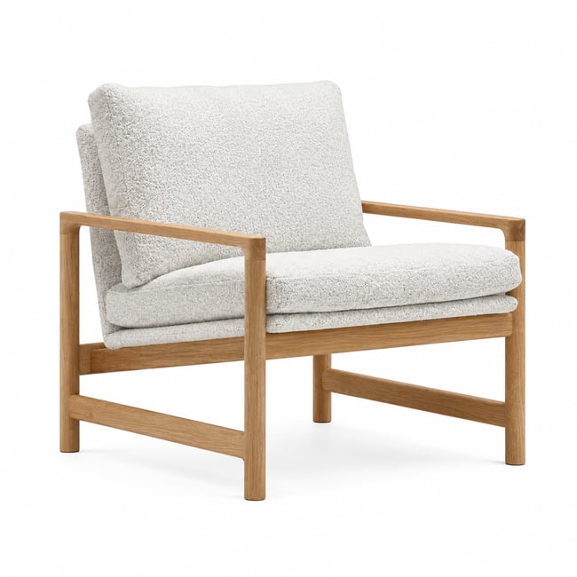 Fauteuil, Chêne massif et tissu bouclé, TROUBADOUR Couleur chêne clair / bigello milk <span itemprop=