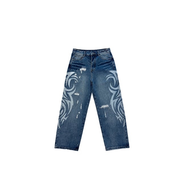 Jean à motif tribal et détails déchirés bleu <span itemprop=