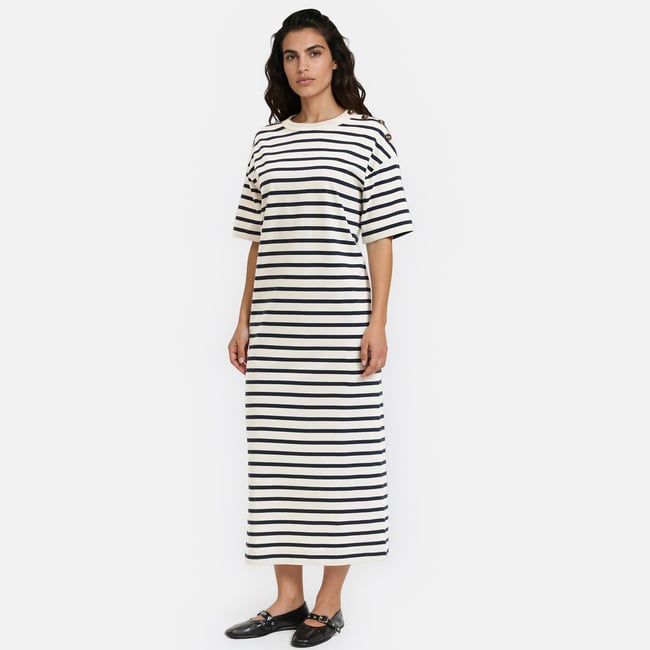 Robe longue jersey rayé boutonnage épaule rayé marine/écru <span itemprop=