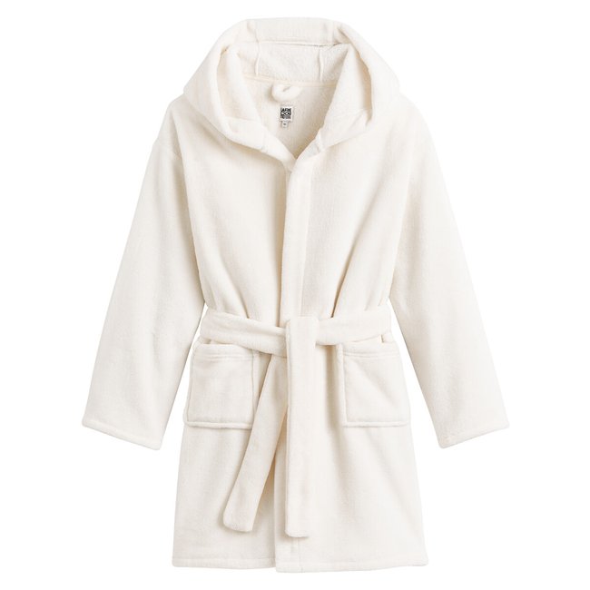 Robe de chambre à capuche, polaire douce ecru <span itemprop=
