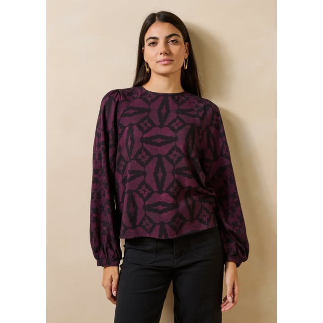 Top imprimé manches longues noir/vin <span itemprop=
