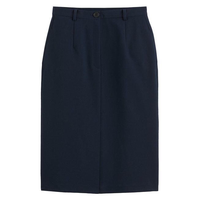 Jupe crayon, mi-longue bleu marine <span itemprop=