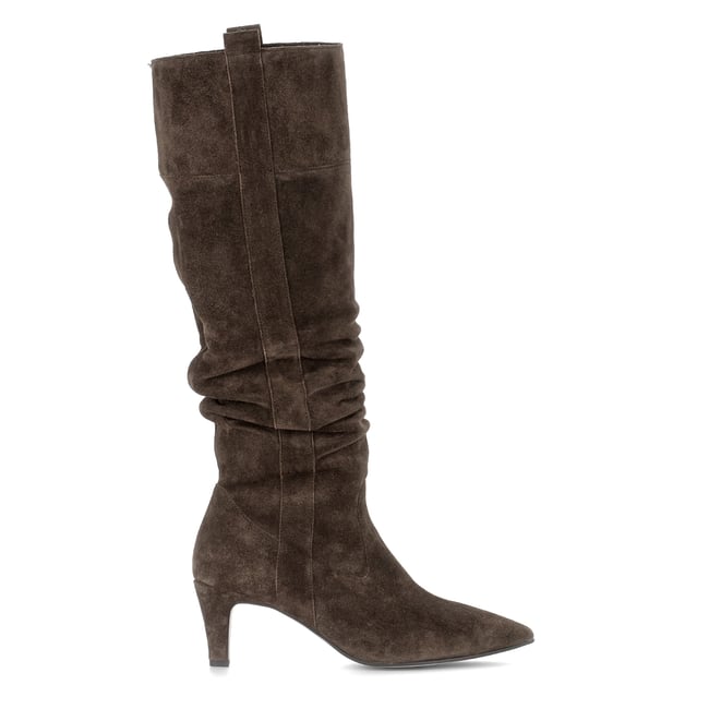 Bottes en cuir à talon décroché marron velours <span itemprop=