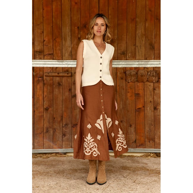 Jupe longueur midi évasée imprimé broderie JAELA 15-camel <span itemprop=