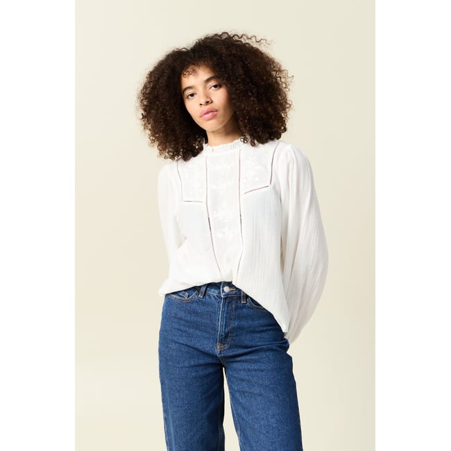 Chemise manches longues brodée ecru <span itemprop=