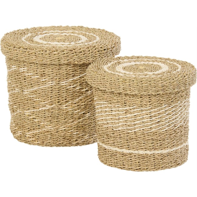 Set de 2 paniers tressés avec couvercle Couleur blanc et naturel <span itemprop=