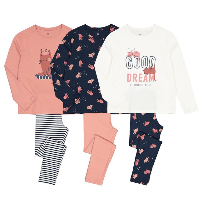Confezione da 3 pigiami in cotone stampa gatto blu + rosa + ecru LA REDOUTE COLLECTIONS