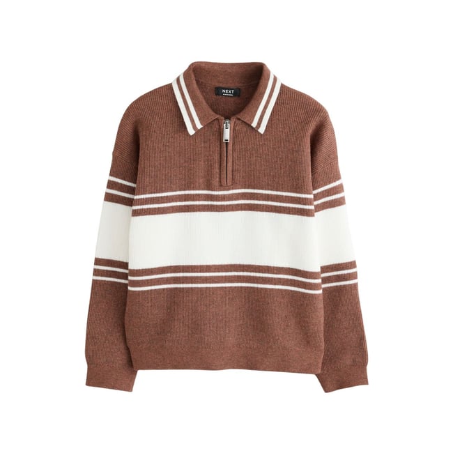 Polo en maille color block à col zippé marron rouille <span itemprop=