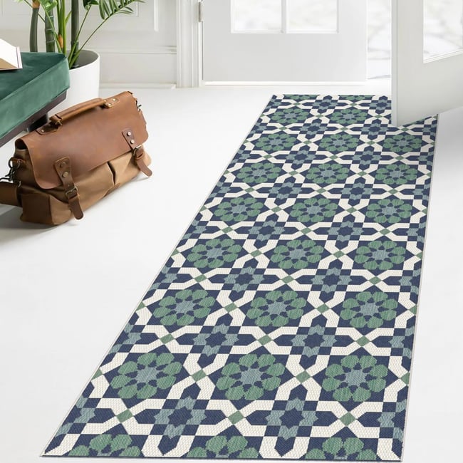 Tapis extérieur tissé kilim rectangle CASADA 14 Couleur vert, bleu <span itemprop=