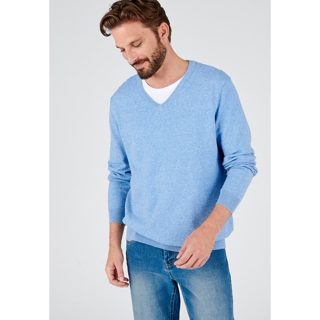 Pull maille coton mélangé bleu ciel chiné <span itemprop=