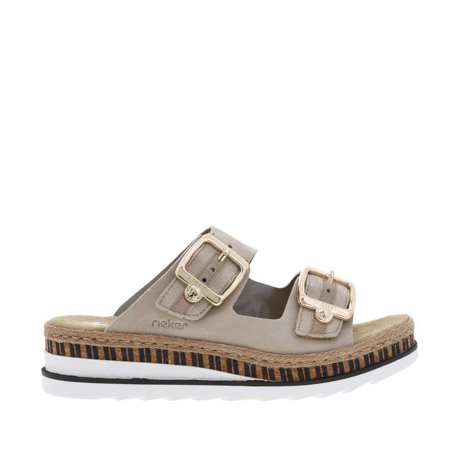 Mules en cuir beiges à talon compensé bas et à sangles à grandes boucles beige <span itemprop=