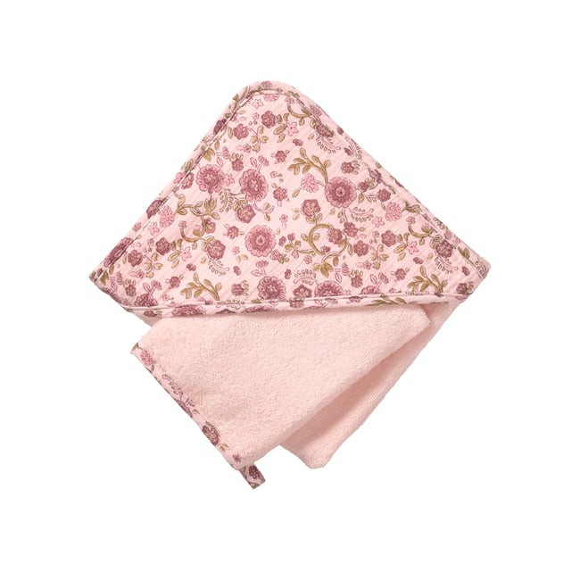 Cape de bain et gant LATIKA rose imprimé <span itemprop=