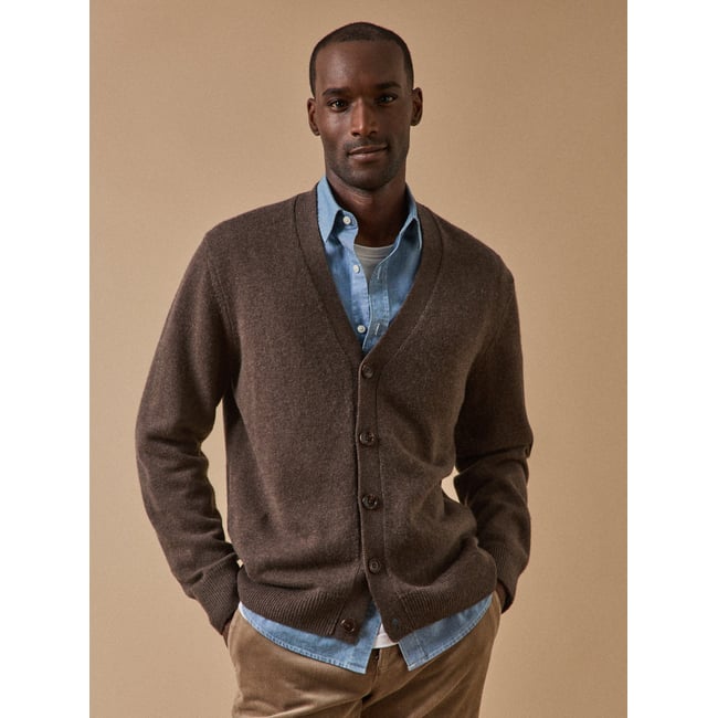 Gilet col V  laine et cachemire noisette chine <span itemprop=