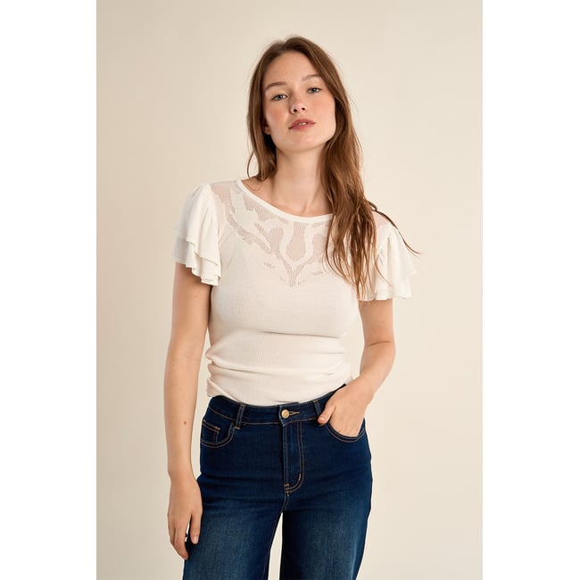 T-shirt avec col en semi-transparence offwhite <span itemprop=