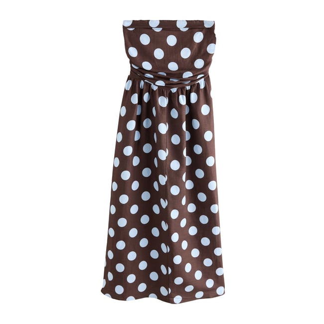Robe bandeau mi-longue froncée pois marron chocolat <span itemprop=