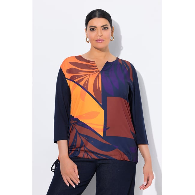 T-shirt col tunisien et manches 3/4 marine <span itemprop=