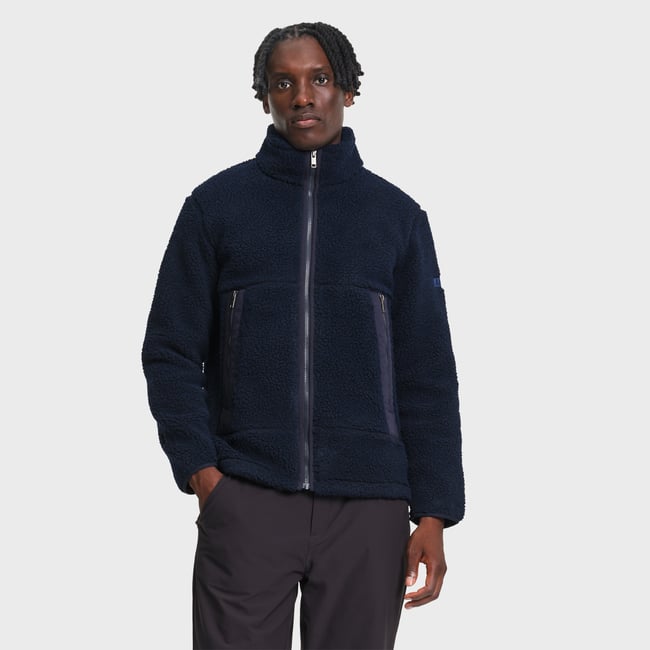 Veste sherpa recyclée col montant zippée bleu marine <span itemprop=