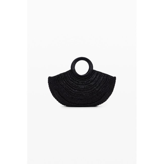 Sac rond en raphia de taille moyenne noir <span itemprop=