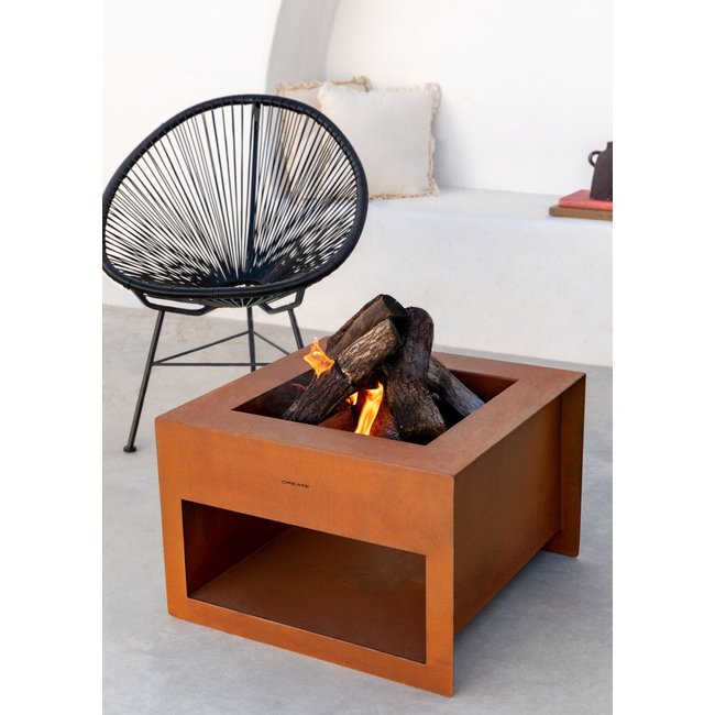Brasero d'extérieur acier corten FIRE PIT CUBE acier corten <span itemprop=