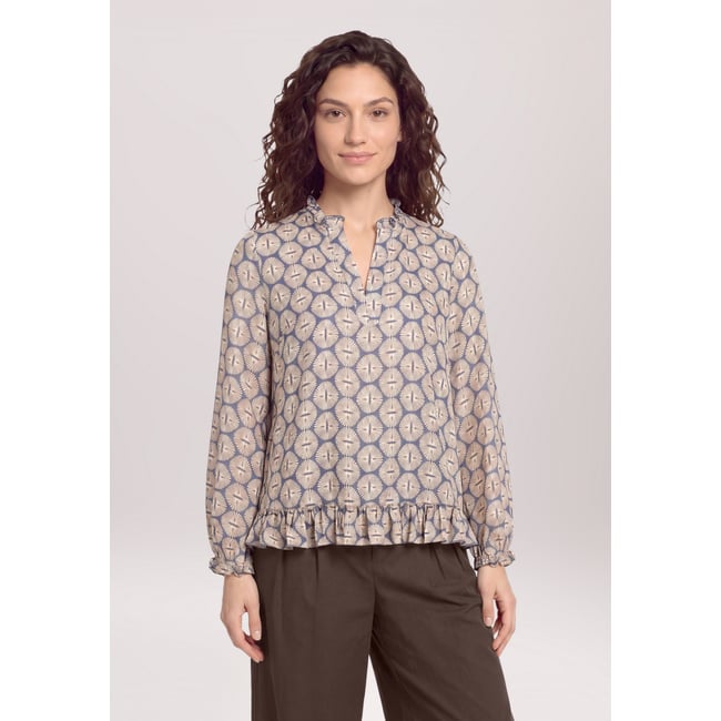 Blouse casual à fronce bleu/beige <span itemprop=