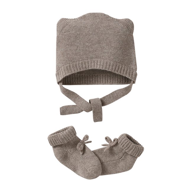 Kit naissance bonnet et chaussons laine et cachemire beige chiné <span itemprop=