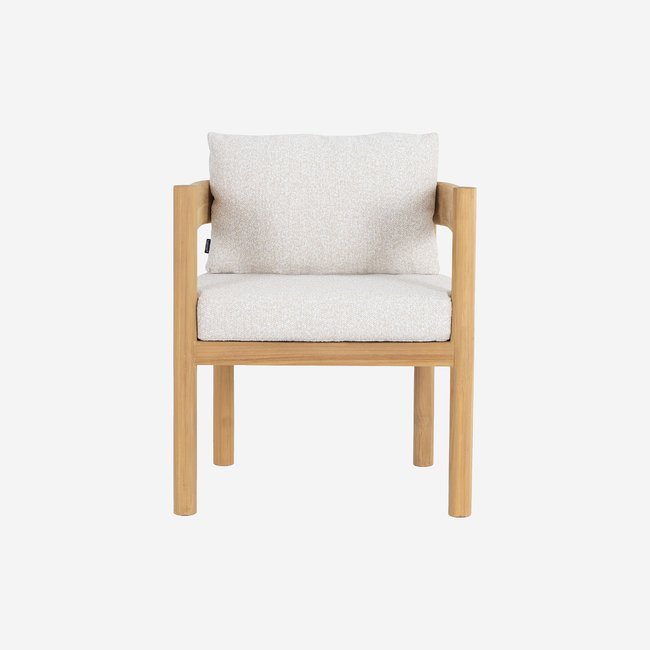 Chaise de jardin en teck massif et tissu imperméable FIGARI blanc cassé <span itemprop=