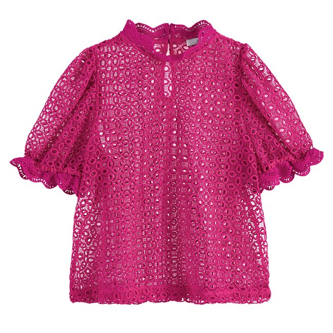 High Neck Blouse with Short Guipure Lace Sleeves, fuchsia pink, LA REDOUTE COLLECTIONS