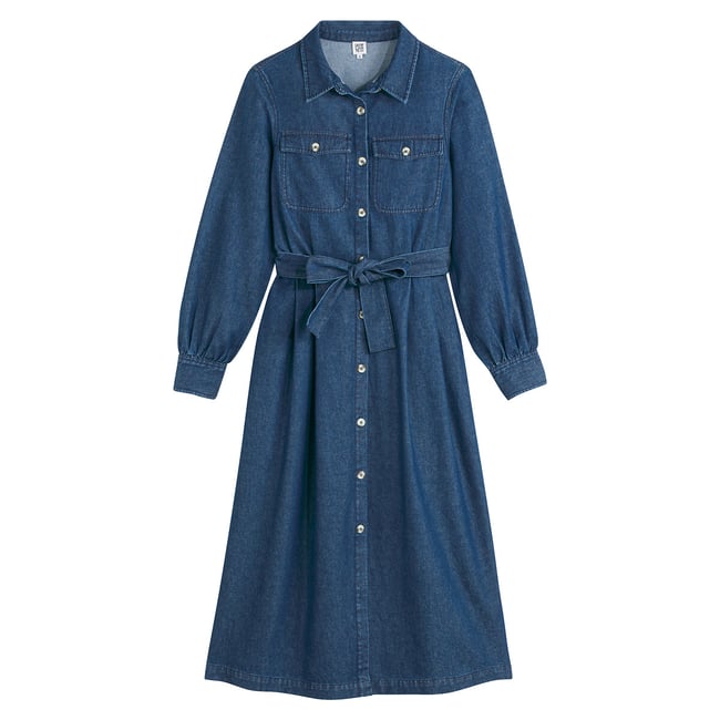 Robe chemise longue en jean, manches longues  bleu stone <span itemprop=