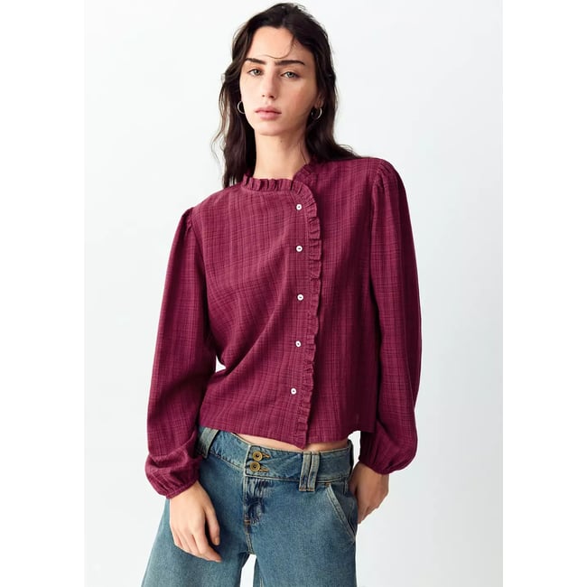 Blouse croisée avec détail à volant bordeaux <span itemprop=