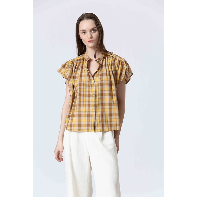 Short Sleeve Checked Blouse, orange checks, SEE U SOON