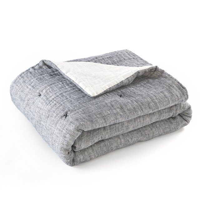 Boutis en gaze de lin, Mistou gris bleuté/ivoire <span itemprop=