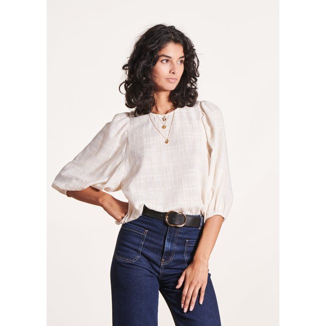 Blouse ample manches 3/4 bouffantes écru <span itemprop=