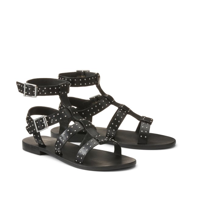 Römersandalen mit Nietendetails, Leder schwarz <span itemprop=