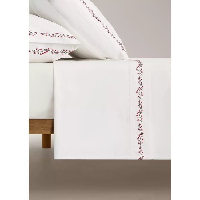 Drap plat percale de coton brodé lit 90 cm blanc cassé <span itemprop=