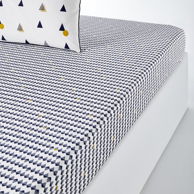 Digna Geometric 100% Cotton Percale 180 Thread Count Fitted Sheet, blue/white/yellow, LA REDOUTE INTERIEURS