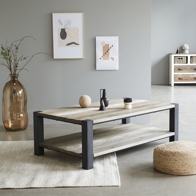 Table basse en pin recyclé massif et métal  INDUS Couleur gris <span itemprop=